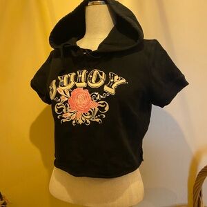 Juicy Couture Black cropped Hoodie with Pink Rose Design and sparkle accents
